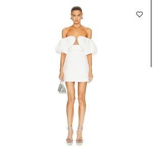 Self Portrait White Bonded Crepe Puff Sleeve Mini Dress